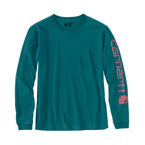 Women's long-sleeve teal shirt with graphic logo on sleeve, casual and workwear in women's tops collection