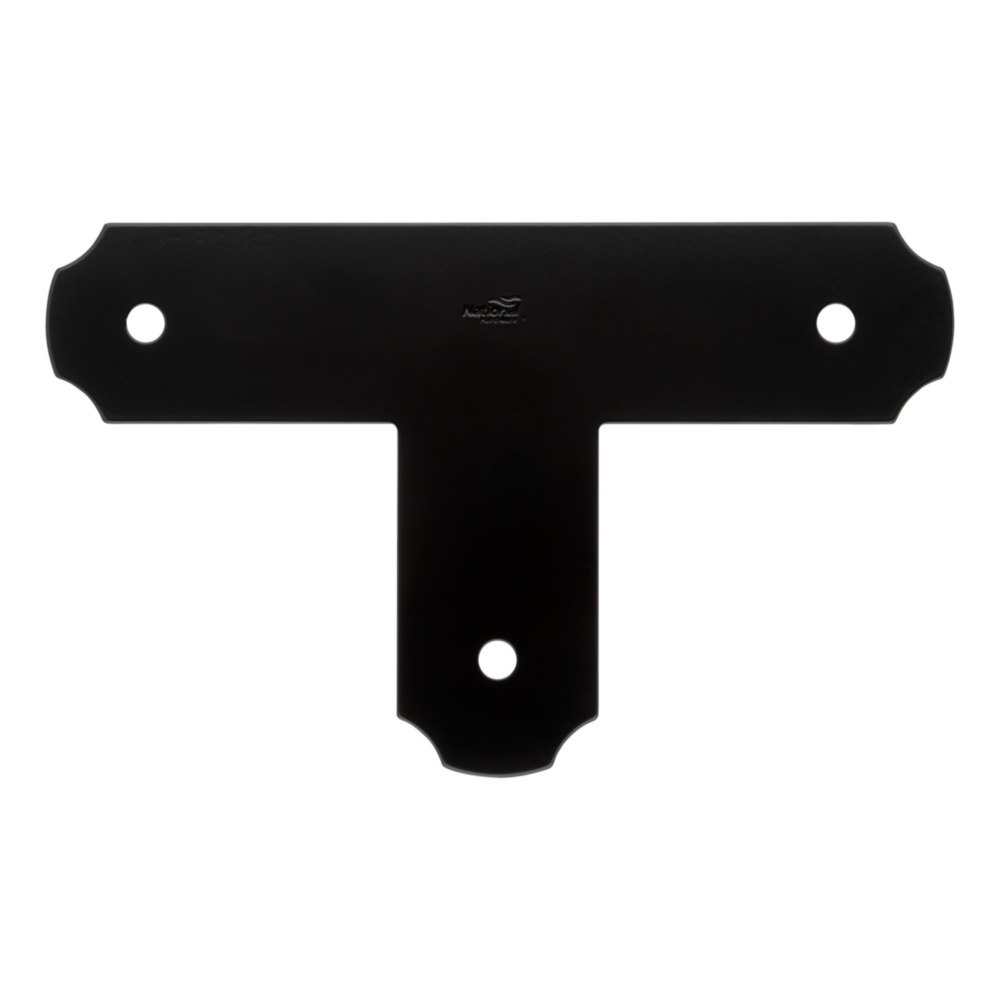 Black powder-coated metal T-strap with decorative edges and pre-drilled holes for home improvement projects
