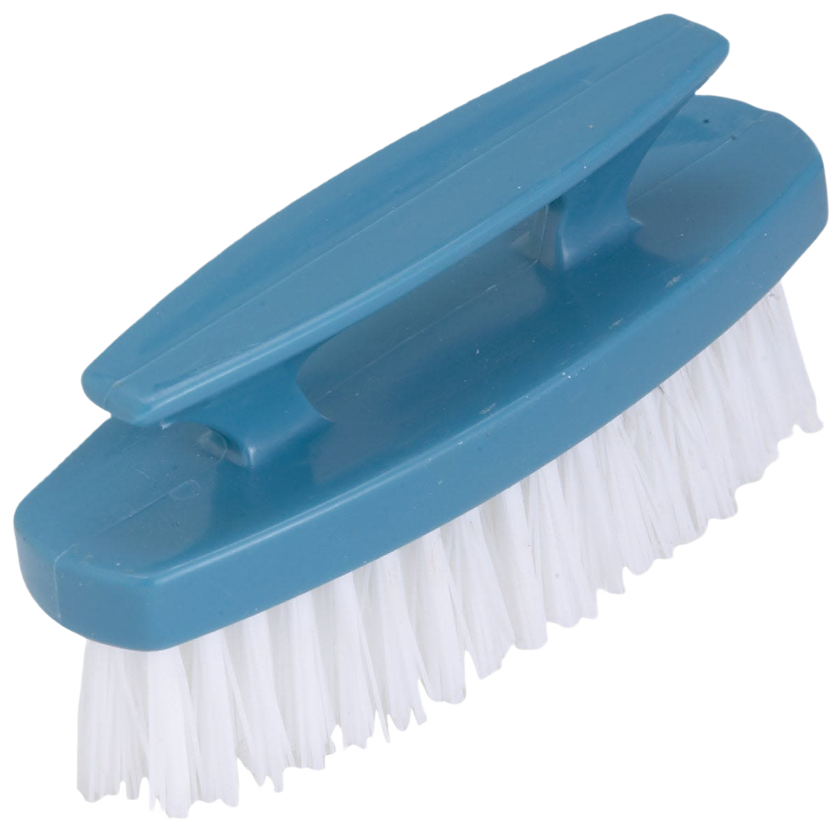 Blue plastic nail brush with firm white bristles and ergonomic handle for cleaning and home improvement use