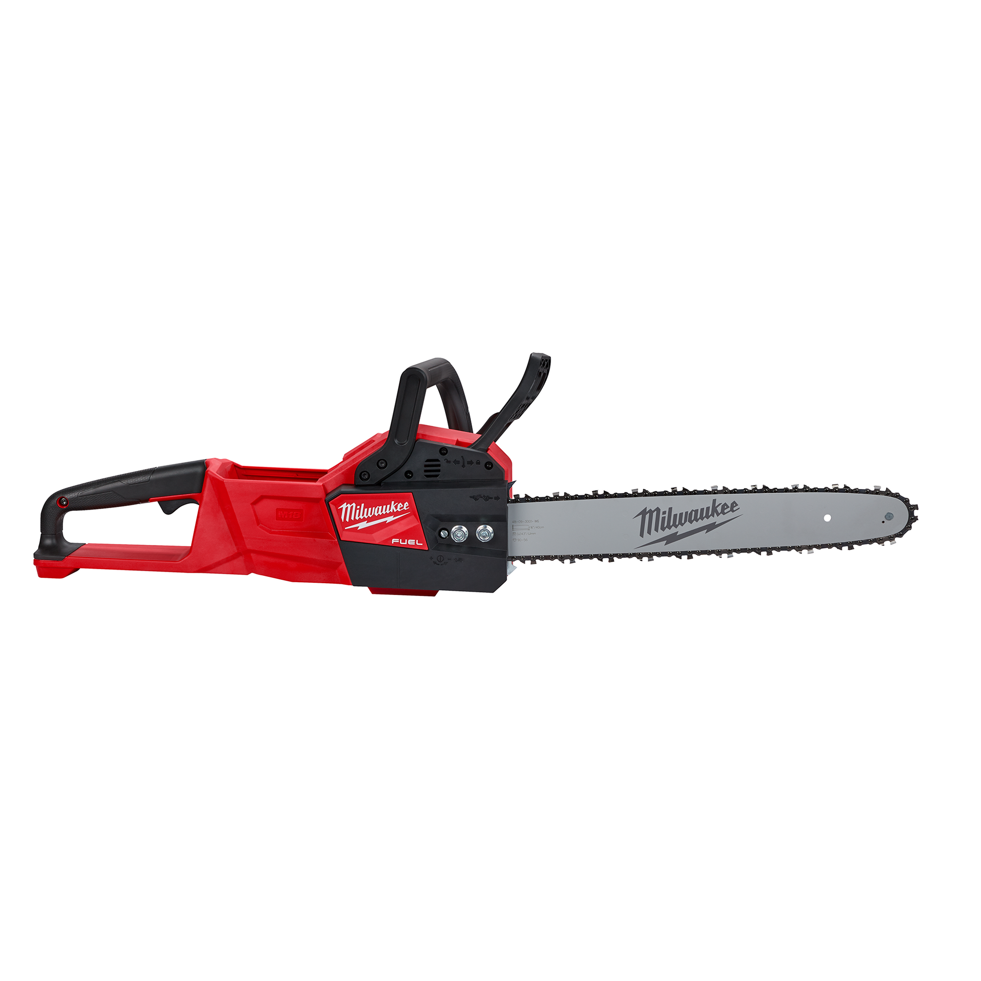 Red and black cordless 16-inch chainsaw with ergonomic grip designed for home improvement and outdoor cutting tasks