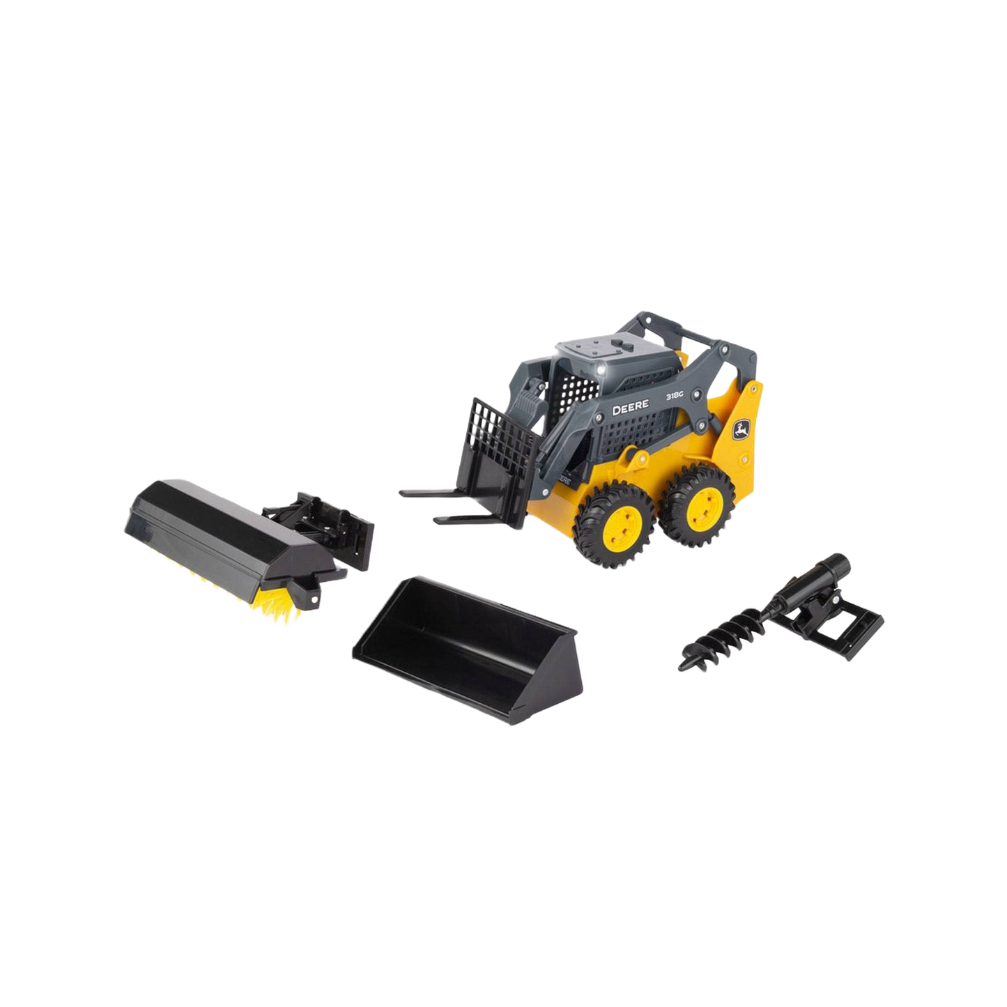 Scale model John Deere skid steer with three interchangeable attachments for tools and home improvement play sets