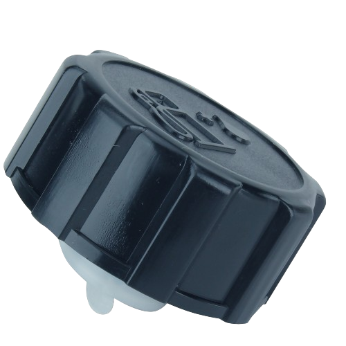 Black plastic fuel tank filler cap with grip ridges and molded warning symbols for outdoor equipment maintenance
