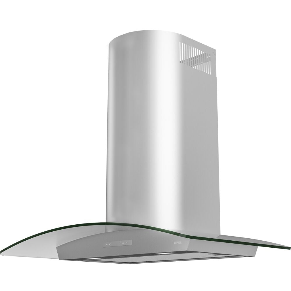 Stainless steel chimney hood with curved glass canopy and touch controls in range hoods and kitchenware collection