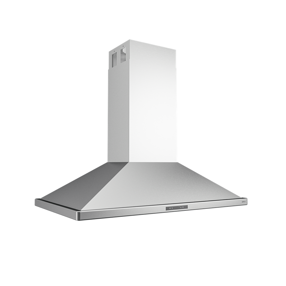 Stainless steel island range hood with LED lighting and touch controls from Island Range Hoods collection