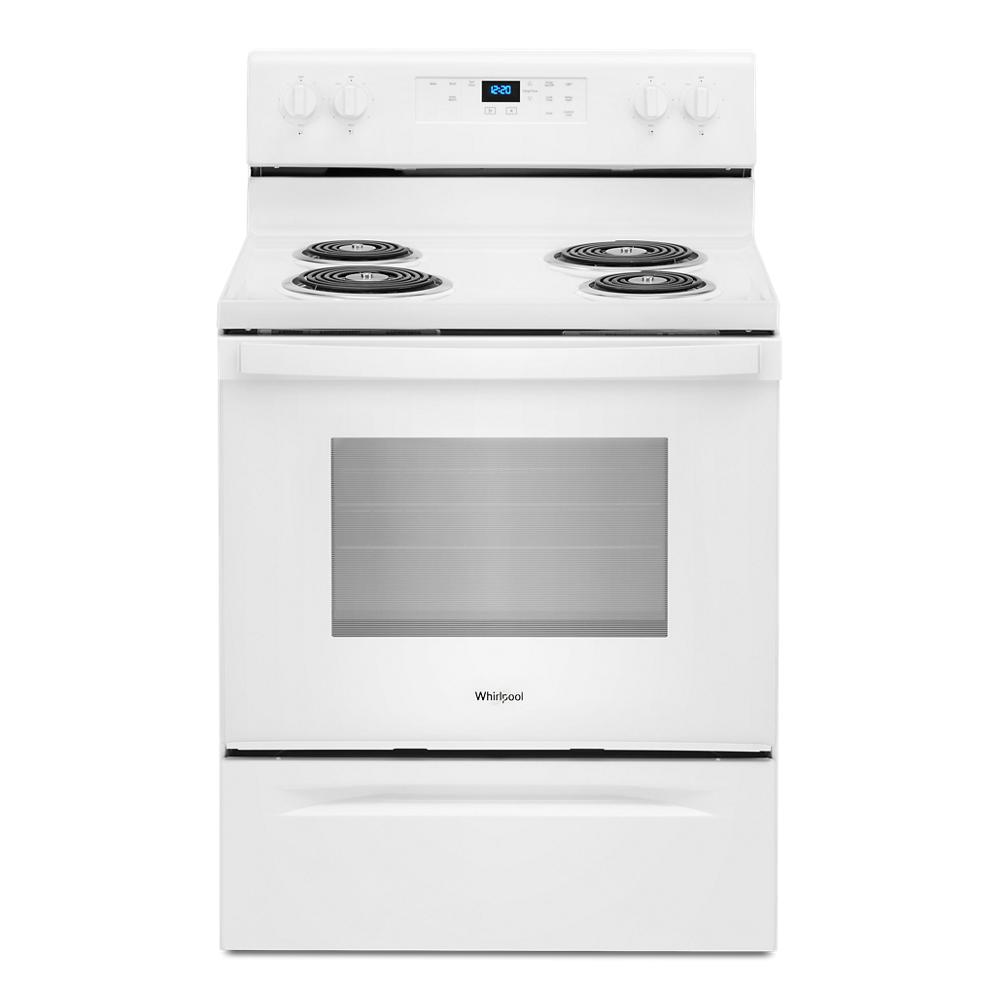 White electric range with coil burners, digital control panel, and oven window, part of Ranges & Cooktops at Hartville Hardware