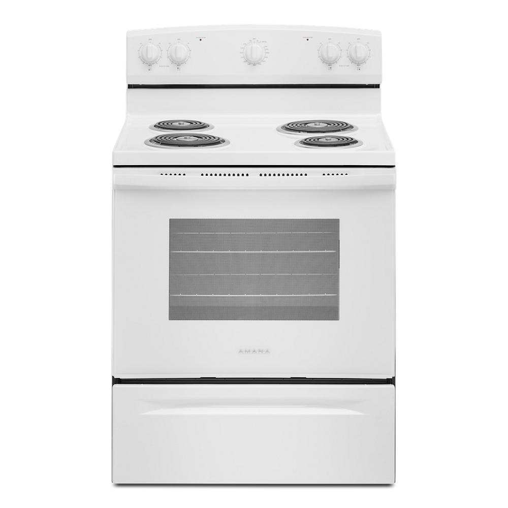 White electric coil range with extra-large oven window, featuring four burners and control knobs, suitable for ranges and kitchen appliance collections.