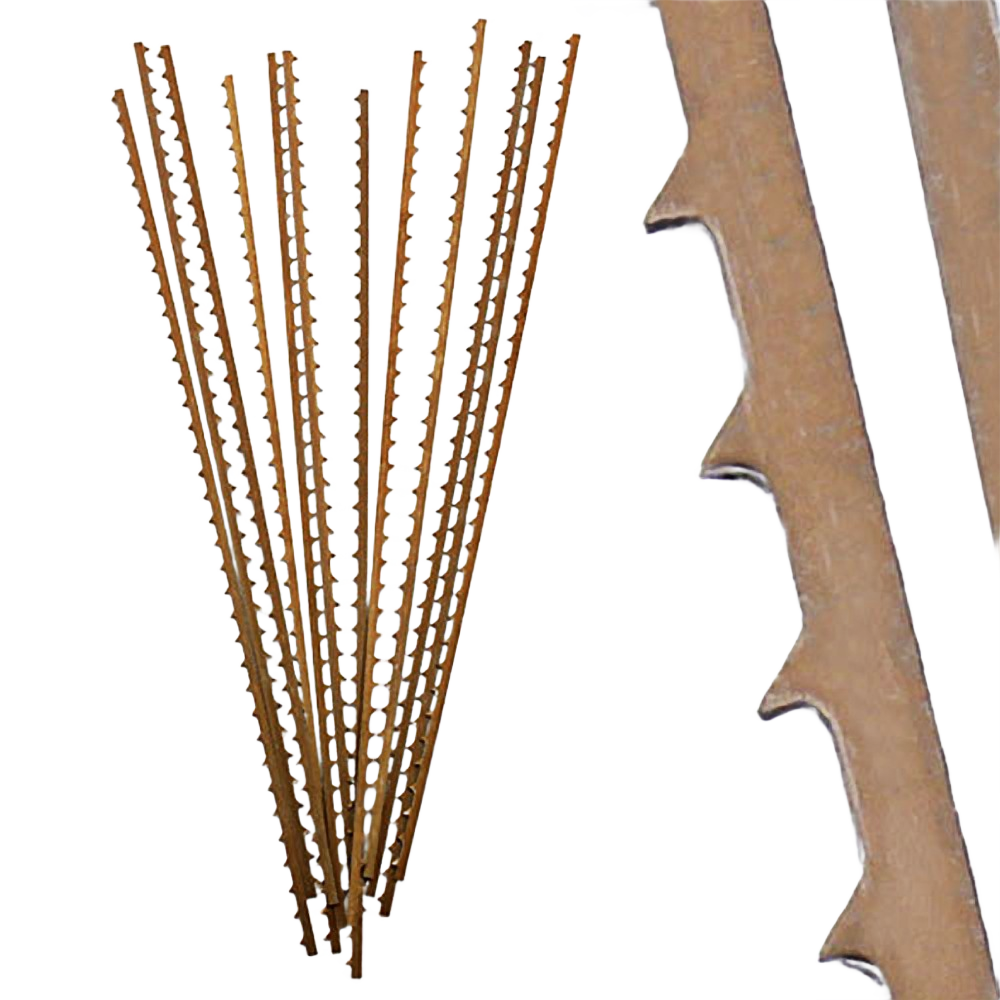 Set of twelve thick wood scroll saw blades with wide gullets for fast cutting in woodworking and power tool accessories