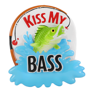 Fishing ornament with green sea bass leaping from water and "Kiss My Bass" text from Christmas decorations collection