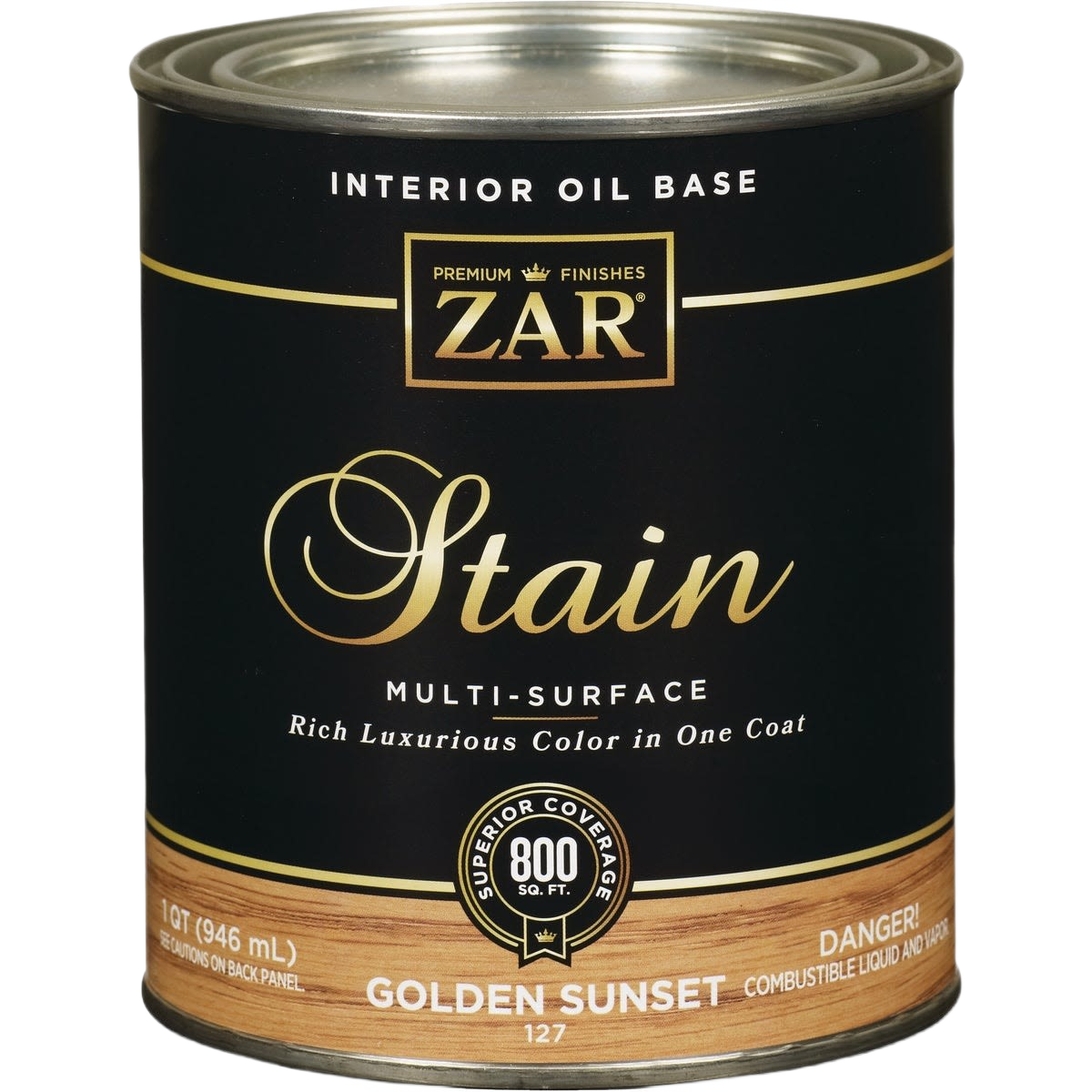 Can of ZAR interior oil base wood stain in Golden Sunset for wood finishing and home improvement projects