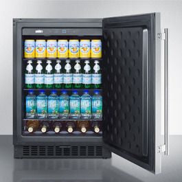 Jet black 24-inch wide outdoor refrigerator with open door showing beverage stocked shelves in appliances collection