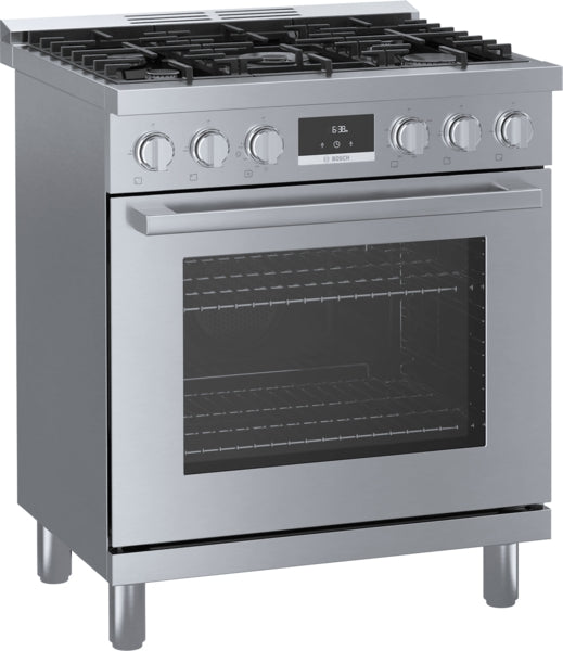 Stainless steel 30-inch gas freestanding range with glass oven door, metal knobs, and digital display in kitchen appliances