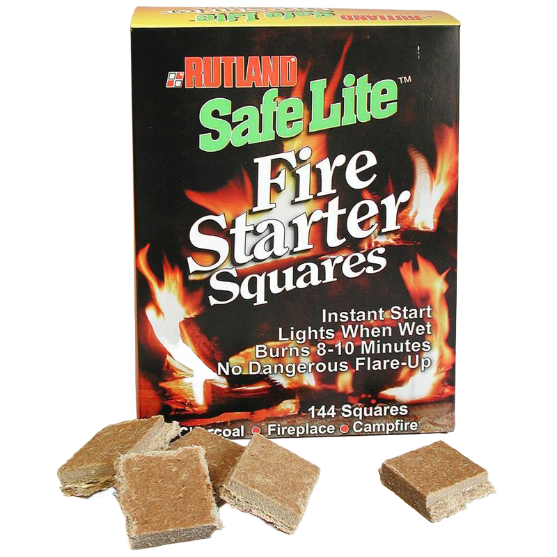 Box of fire starter squares with several brown compressed squares displayed for plumbing and repair tools collection
