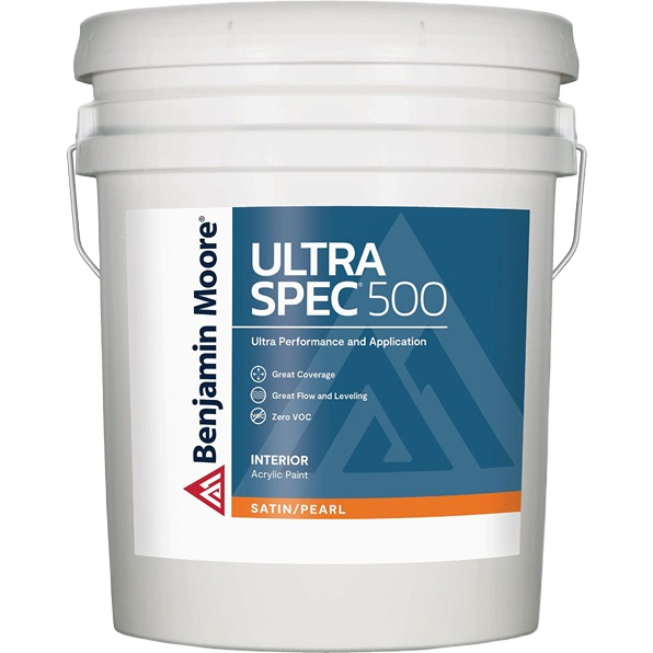 Five-gallon container of Benjamin Moore interior acrylic paint with satin pearl finish for home improvement projects