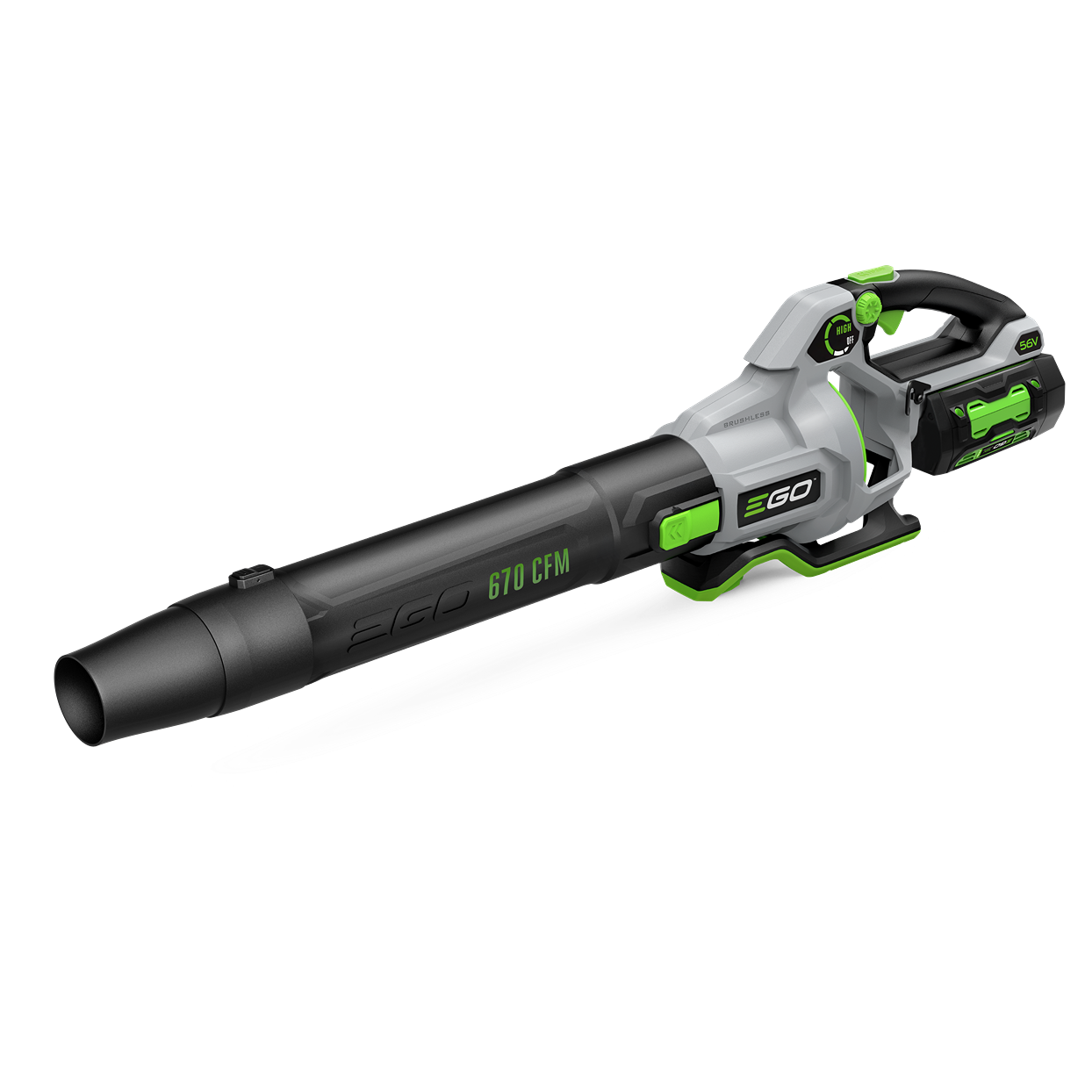 Cordless leaf blower in gray and black with green details, battery attached, designed for home improvement tasks and outdoor use