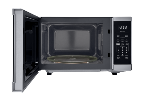 Stainless steel microwave with open door, digital display, and control panel from microwaves and kitchenware collection