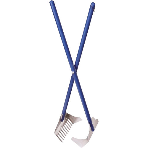 Blue handled sanitary pooper scooper rake with metal scoop and rake heads for pet waste cleanup in farm and pet supplies.