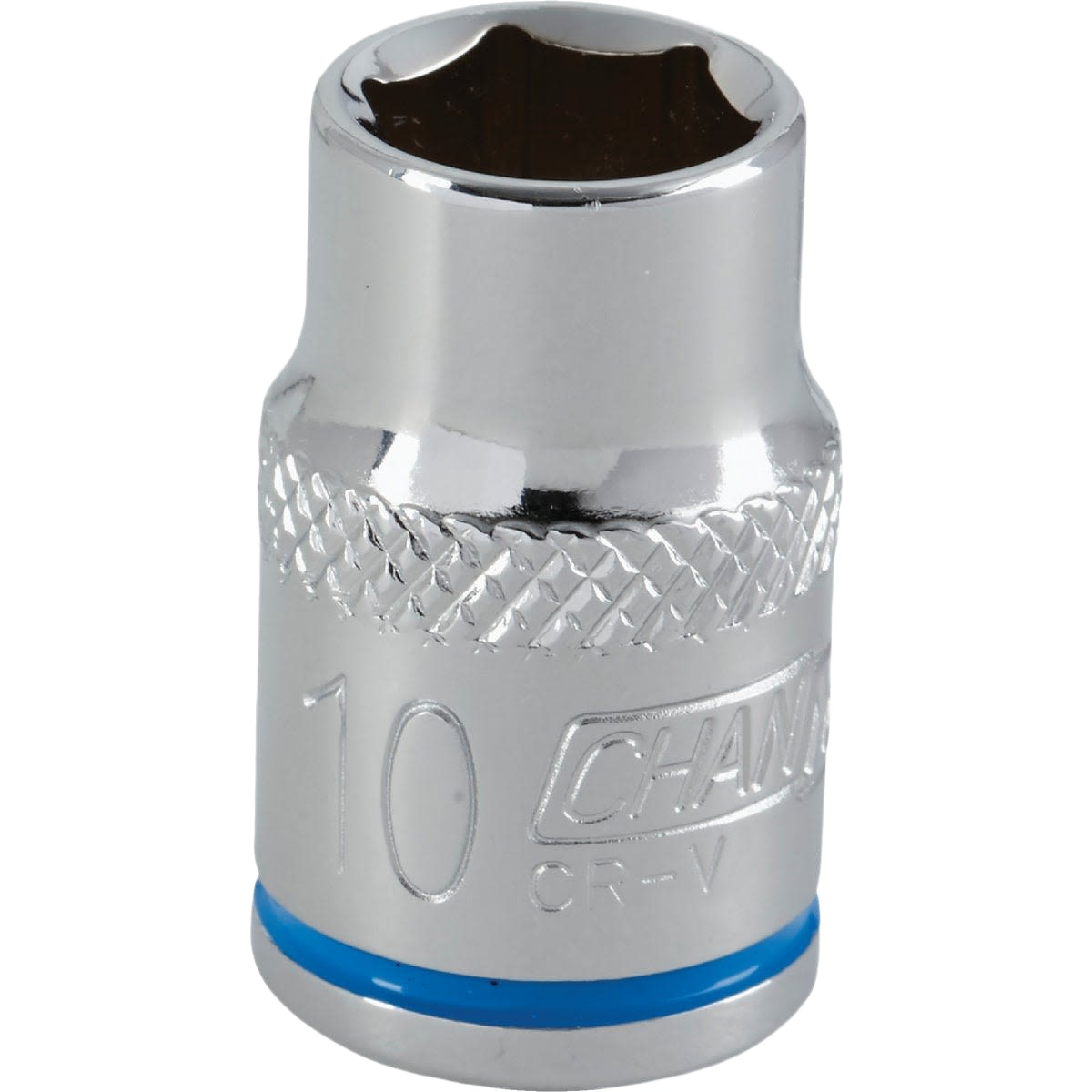 Chrome-plated 10mm shallow 6-point socket with grip band for hand tools in sockets and woodworking collections