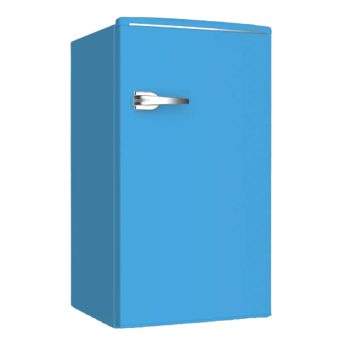 Blue retro-style compact refrigerator with silver handle for mini refrigerators and kitchen appliance collections