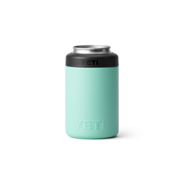 Turquoise can insulator with black top designed to keep 12-ounce beverages cold longer in drinkware collections