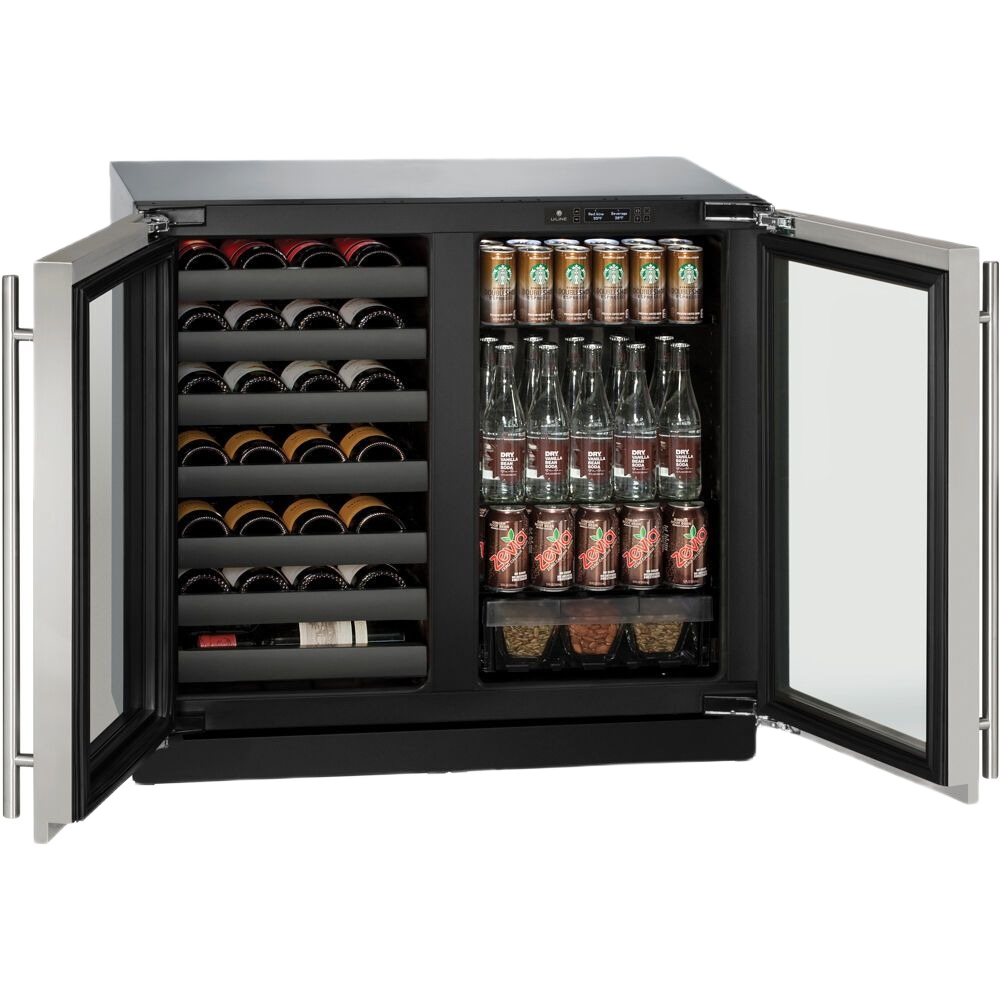 36-inch stainless steel beverage center with French doors open displaying wine bottles, cans, and bottled drinks in appliances collection