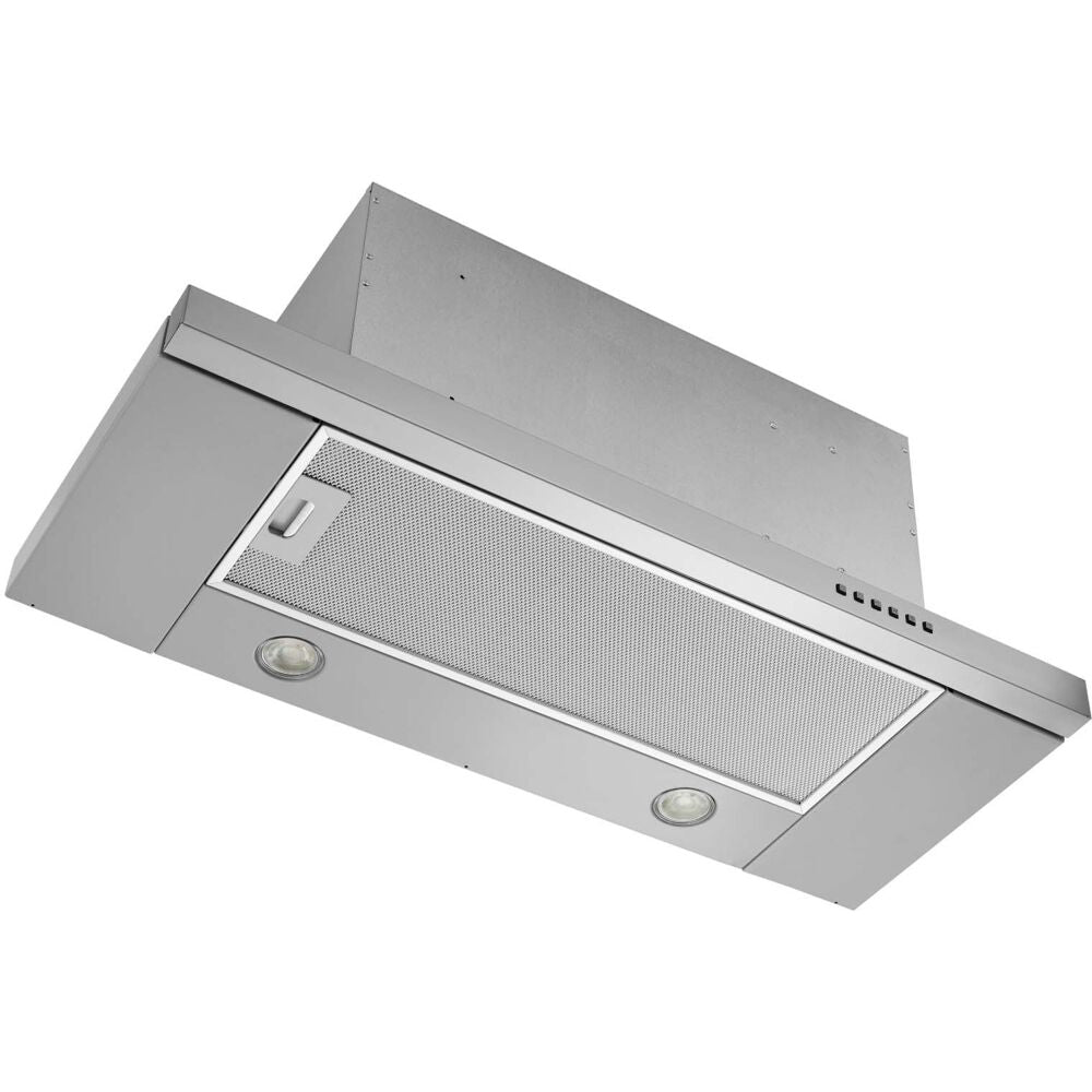 Stainless steel slide-out range hood with mesh filter, dual lights, and push-button controls from kitchen and appliances collection