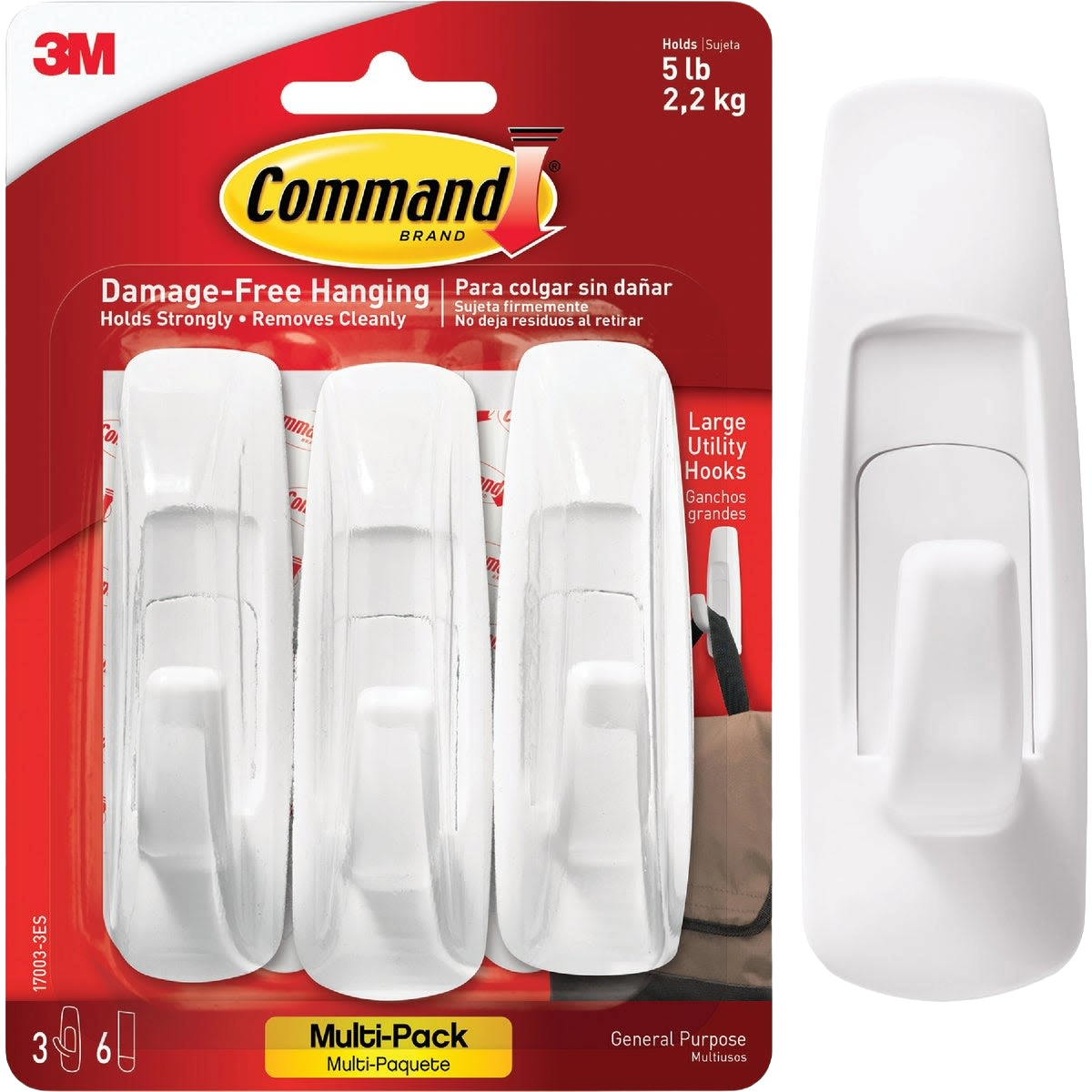 3M Command large white utility hooks, 3-pack with adhesive strips, ideal for damage-free hanging in home improvement and hardware collections