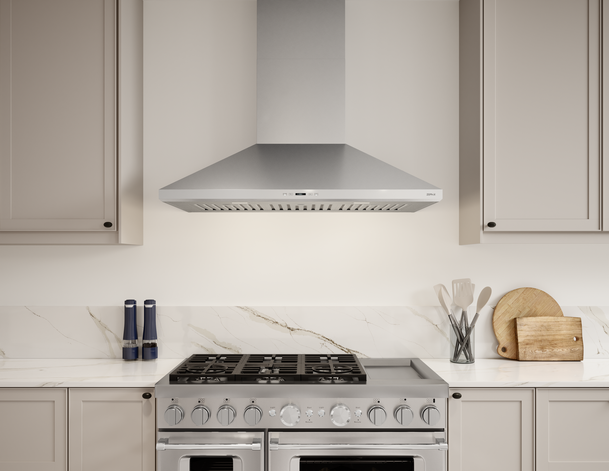 Brushed stainless steel wall-mounted range hood with dual-level LED lighting for kitchen and home improvement use