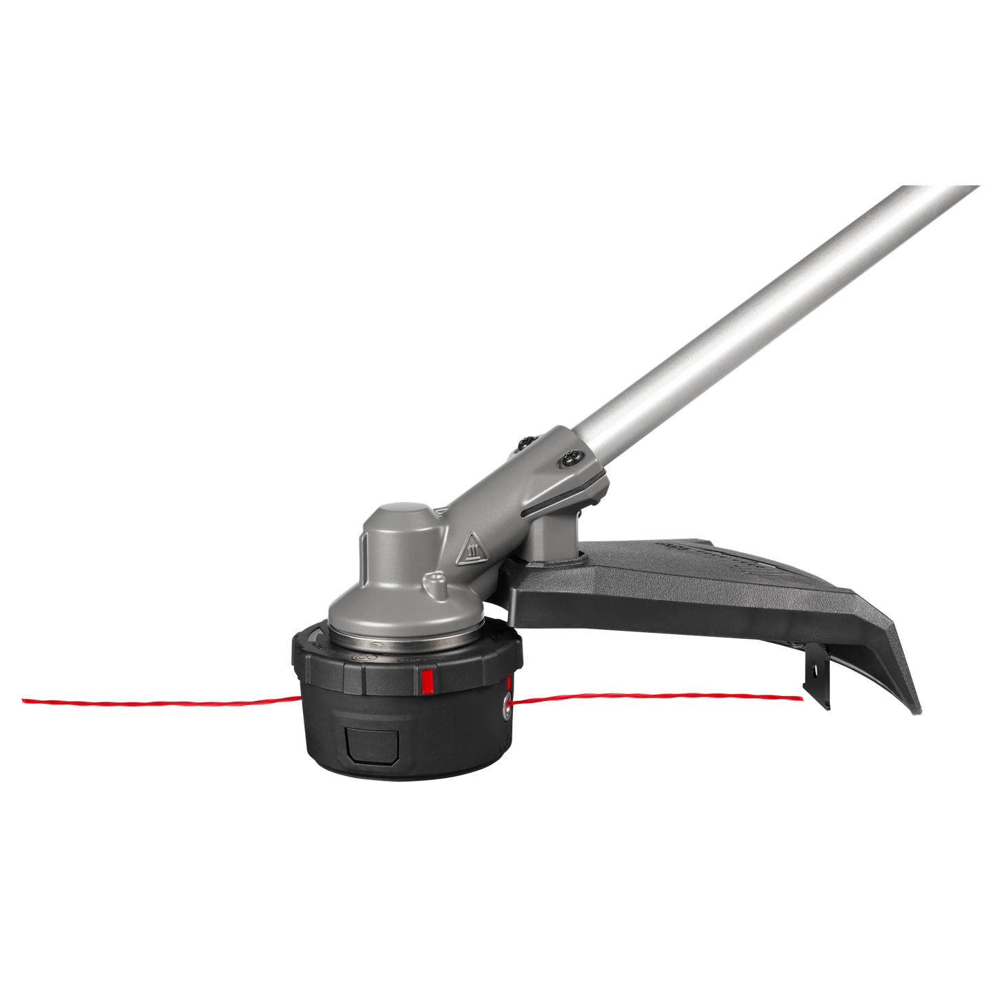 Metal shaft string trimmer head with black guard and string spool for yard maintenance and outdoor tools