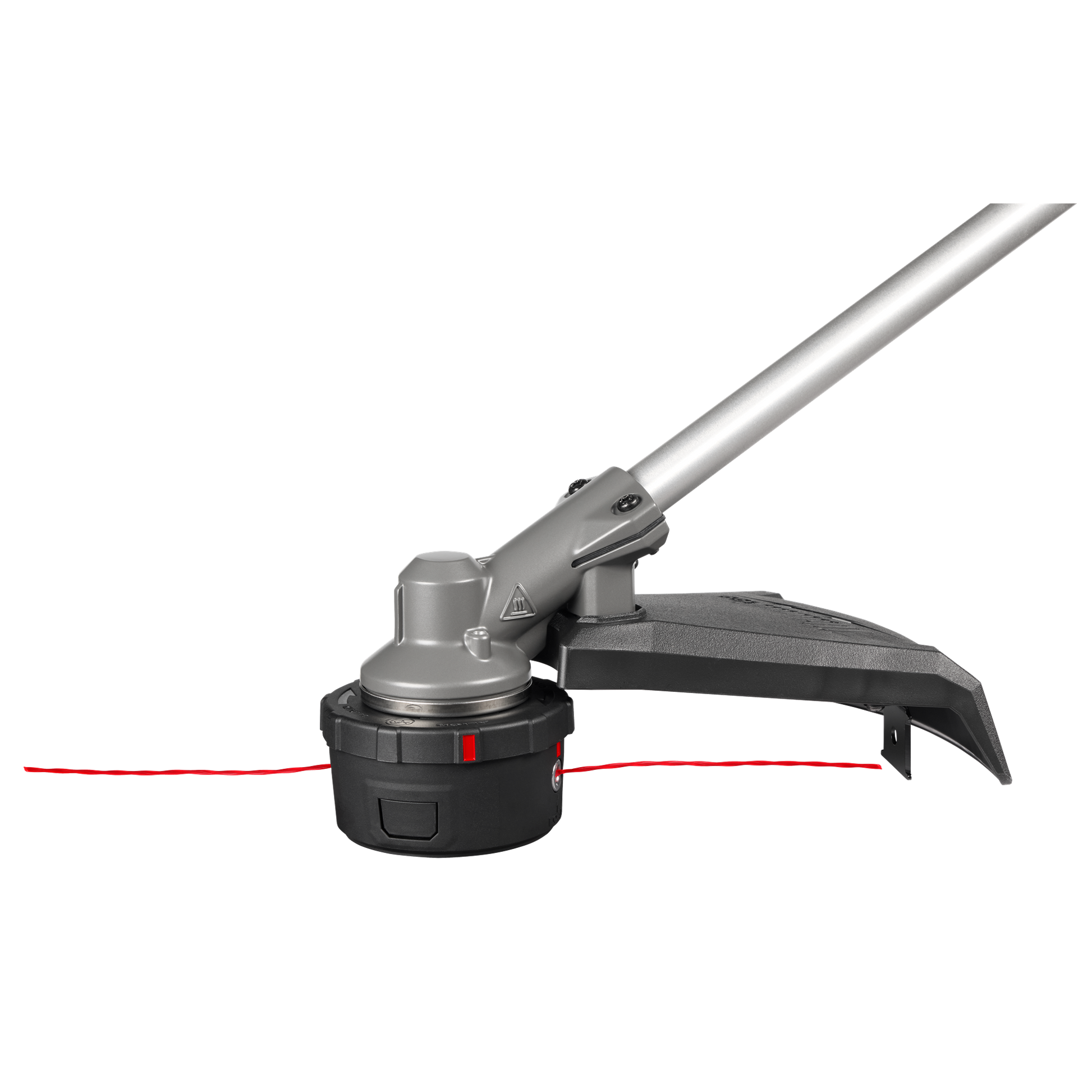 Metal shaft string trimmer head with black guard and string spool for yard maintenance and outdoor tools