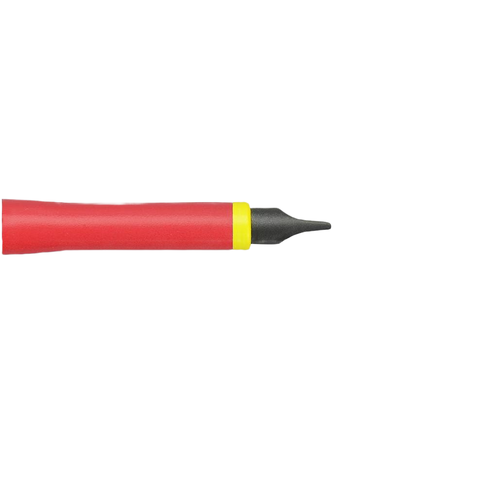 Red insulated screwdriver with black tip and yellow collar for safe electrical and home improvement use