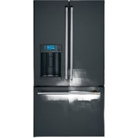 Matte black French-door refrigerator with bottom freezer drawer and built-in beverage dispenser for kitchen appliances