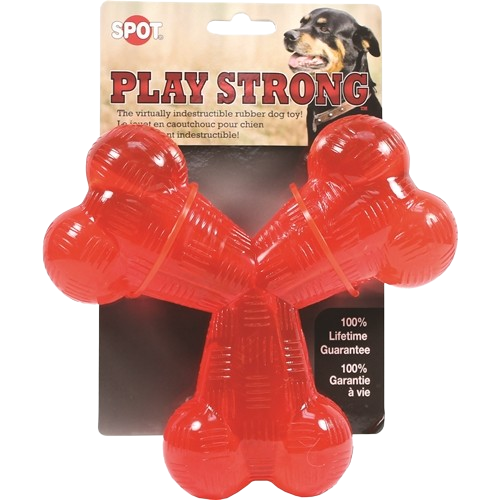 Durable red rubber Y-shaped dog toy designed for strong chewers with textured surface for interactive play