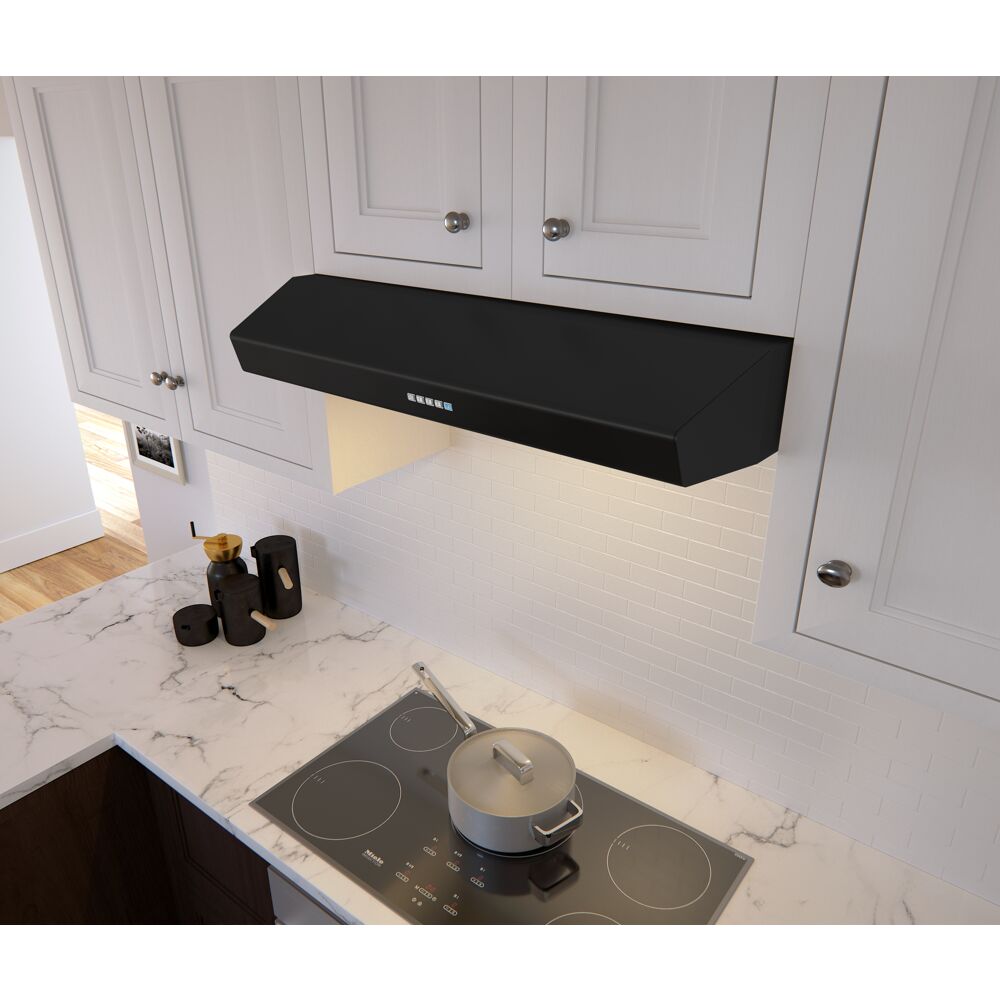 Black under cabinet range hood with LED lights and electronic controls installed above a glass electric cooktop in kitchen setting
