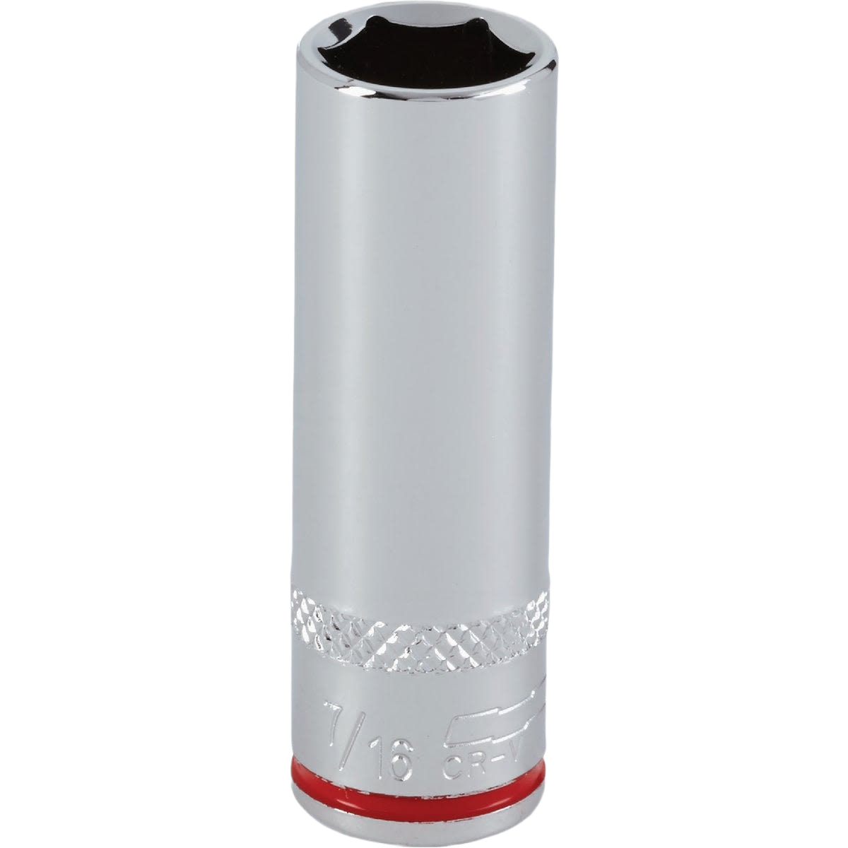 Chrome-plated 7/16 inch 6-point deep socket with textured grip band for hand tools and woodworking under $50 collection