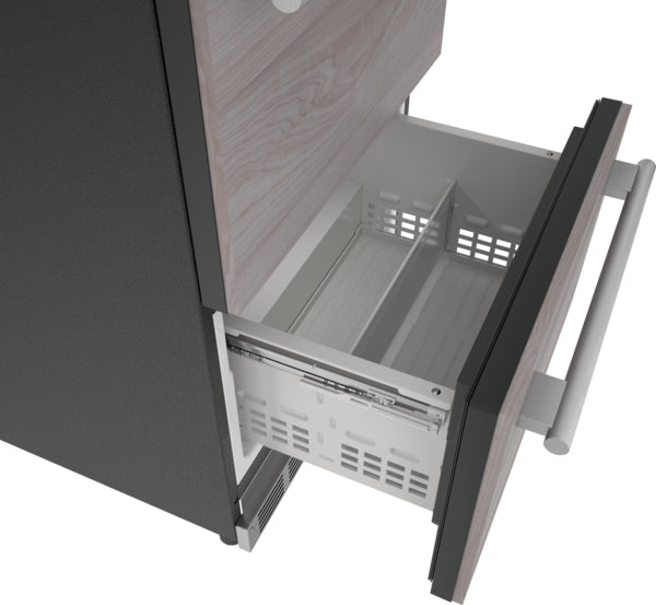 under counter double drawer refrigerator with panel-ready wood finish and stainless steel handle for kitchen appliances