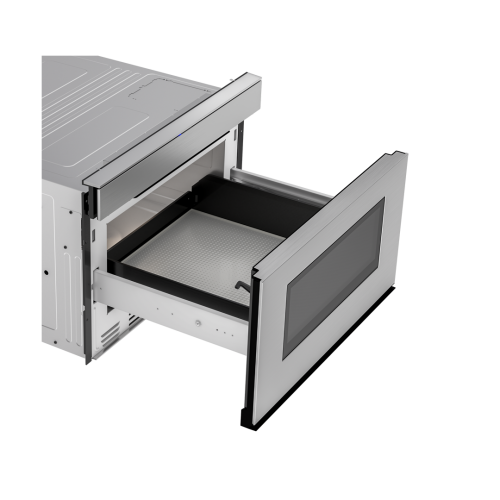 Open stainless steel flat panel microwave drawer with black glass front in Microwaves and Kitchen & Kitchenware collections