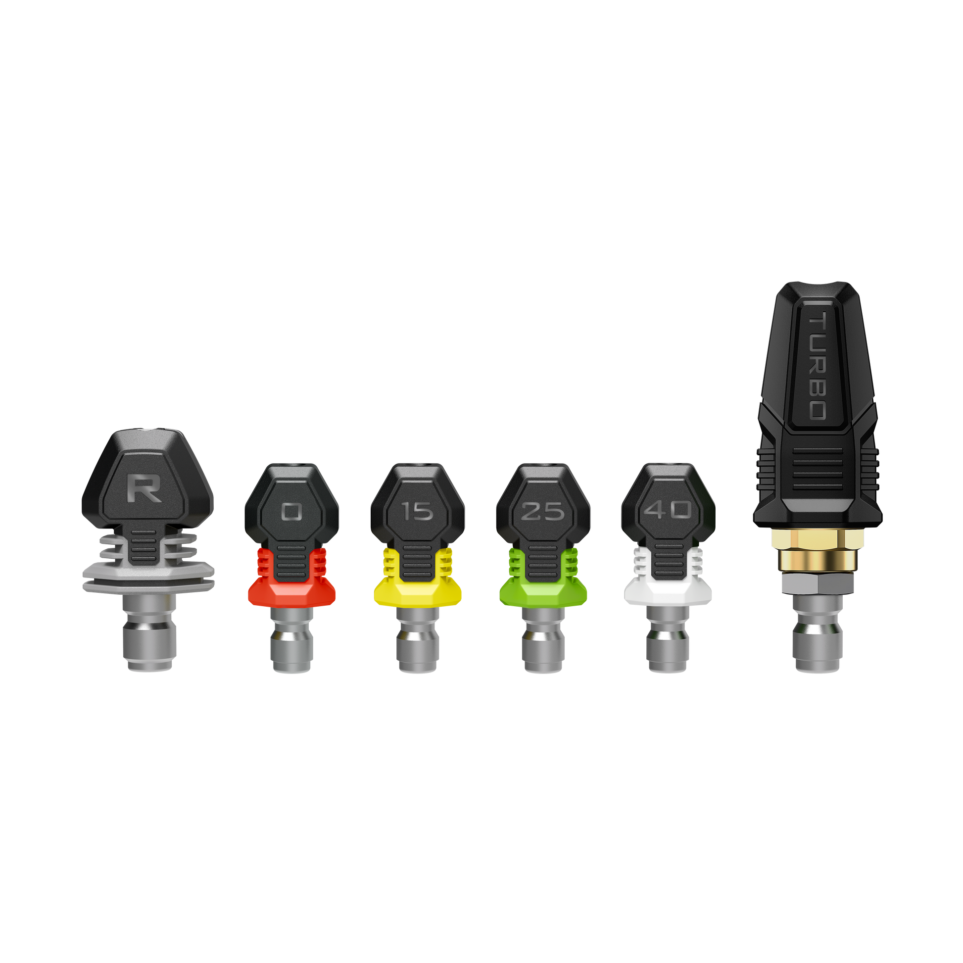 Set of six pressure washer nozzles with varying spray angles and turbo feature for tools and home improvement use