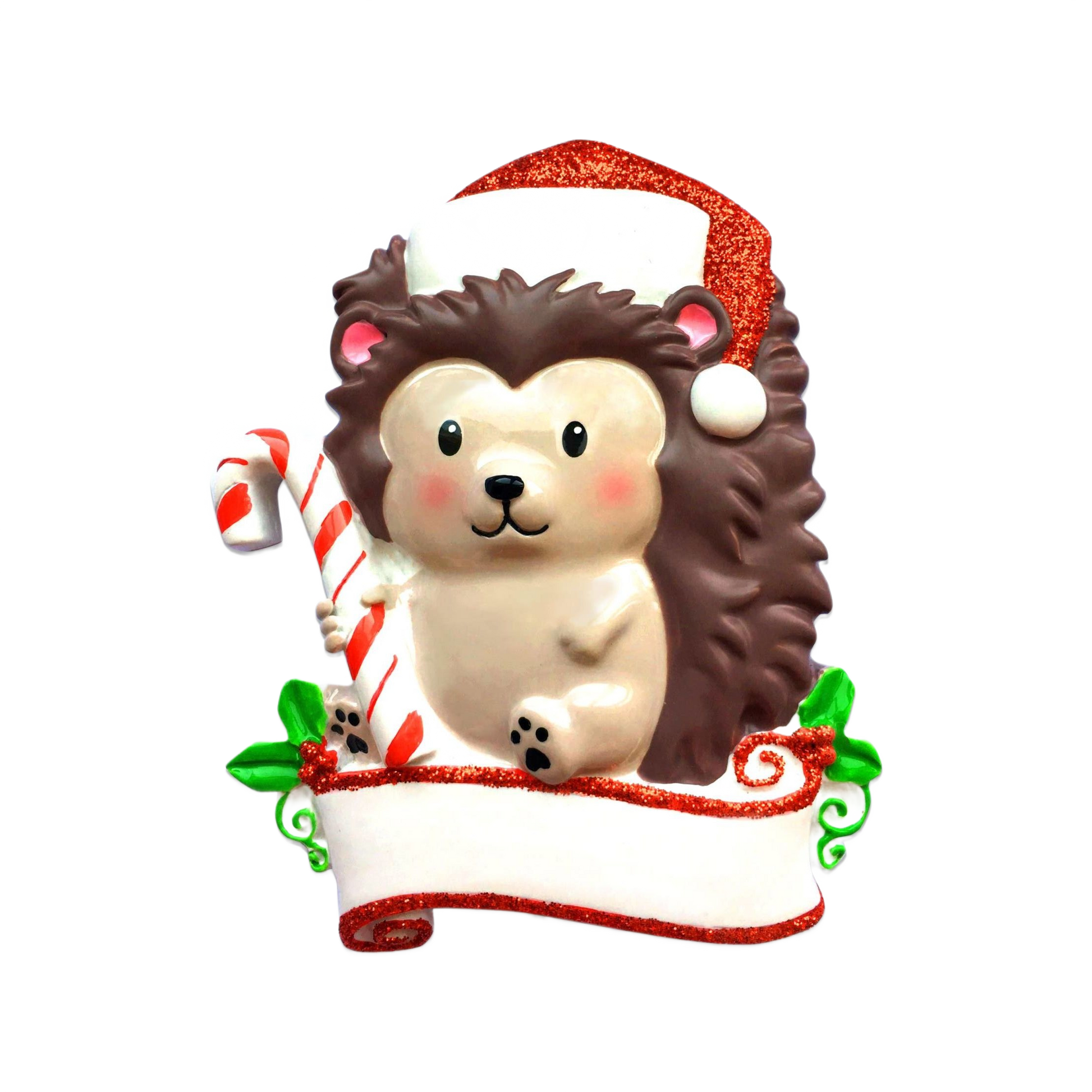 Festive hedgehog ornament with glittery red Santa hat and candy cane, part of Christmas Ornaments & Tree Decorations under $50