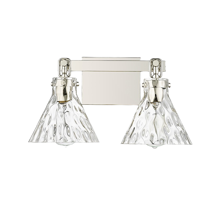 Two-light polished nickel vanity sconce with clear water glass shades for bathroom and wall lighting collections