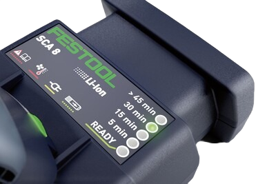 Close-up of black Festool SCA 8 battery charger with Li-ion indicator lights in power tool accessories under $100
