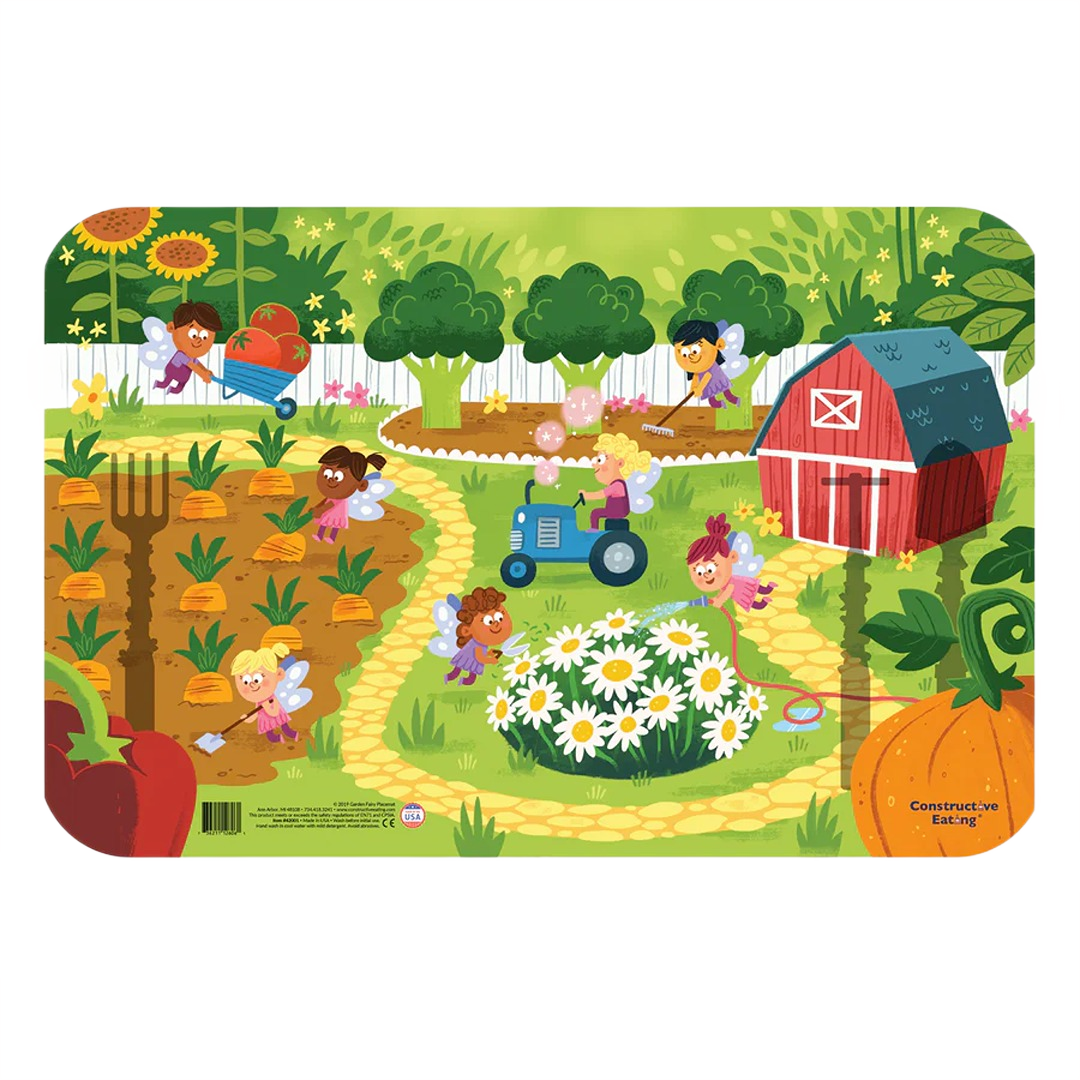 Colorful illustrated placemat featuring garden fairies working in a vibrant vegetable and flower garden scene