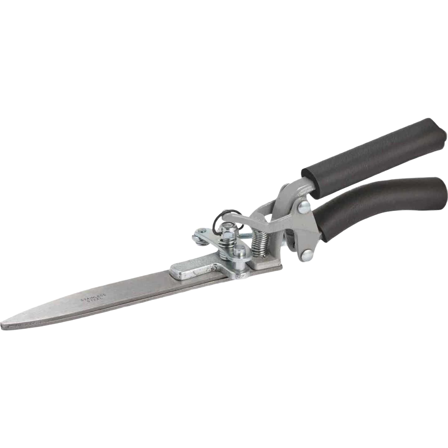 Steel grass shear with adjustable blades and cushioned black handles for precise gardening and lawn care tools under $50.