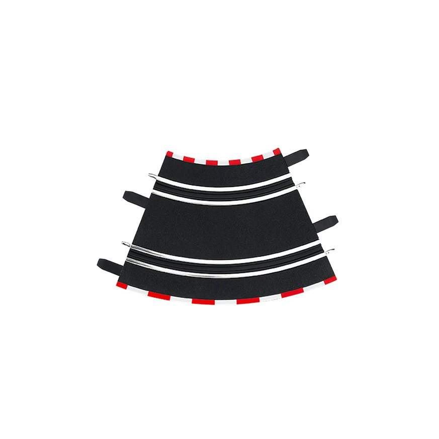 Set of four 45-degree curved black track pieces with white lanes and red-and-white borders for vehicle toys collections