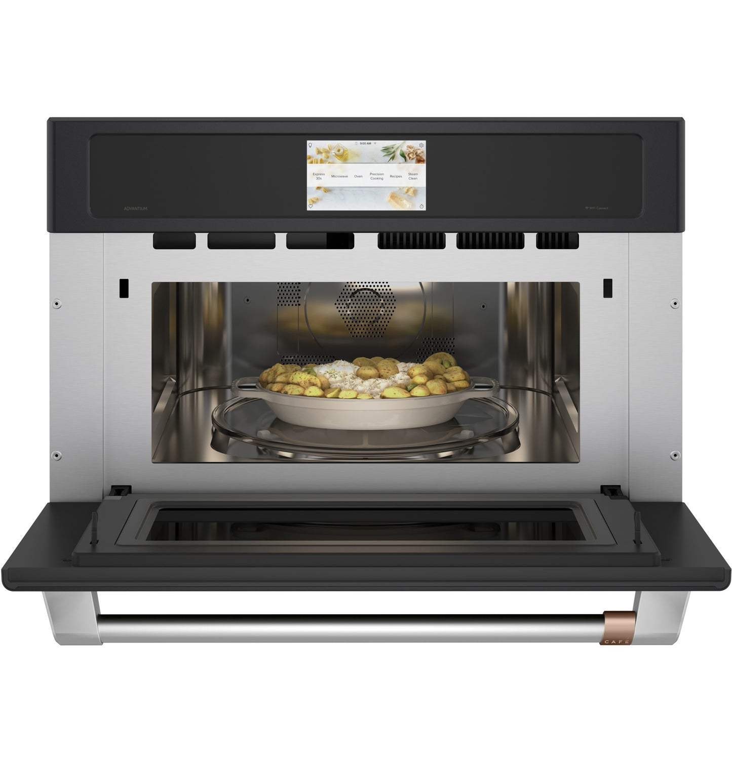 Open stainless steel speed cook oven with digital touchscreen and ceramic dish inside from wall ovens collection
