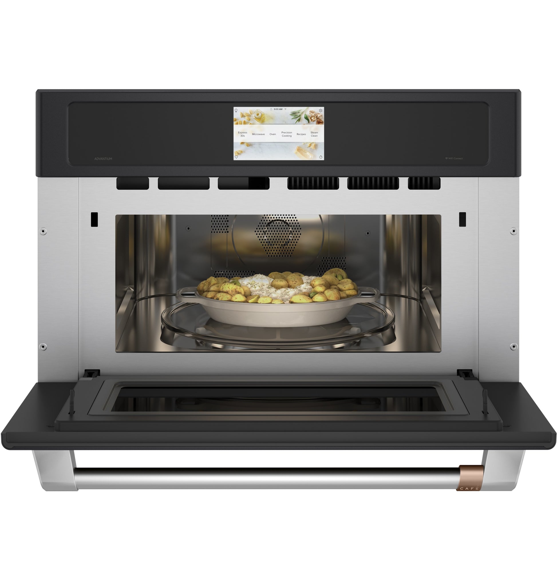 Open stainless steel speed cook oven with digital touchscreen and ceramic dish inside from wall ovens collection