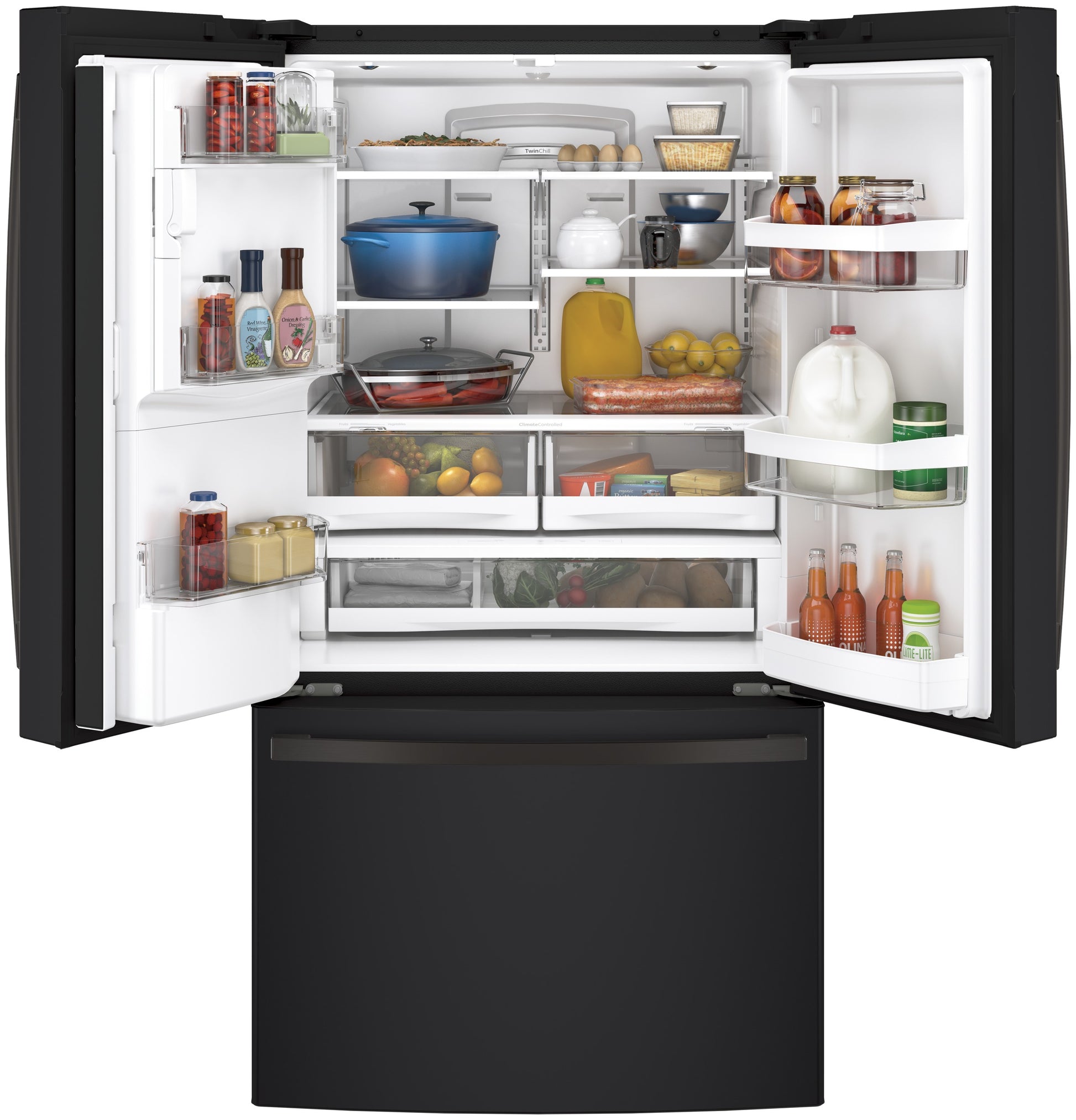 Open black French-door refrigerator showing organized shelves with food, beverages, and spacious bottom freezer from kitchen appliance collection