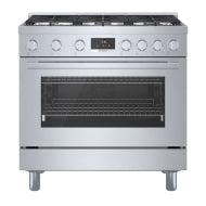 36-inch stainless steel dual fuel freestanding range with black porcelain-enameled surface and metal knobs from Bosch Ranges collection