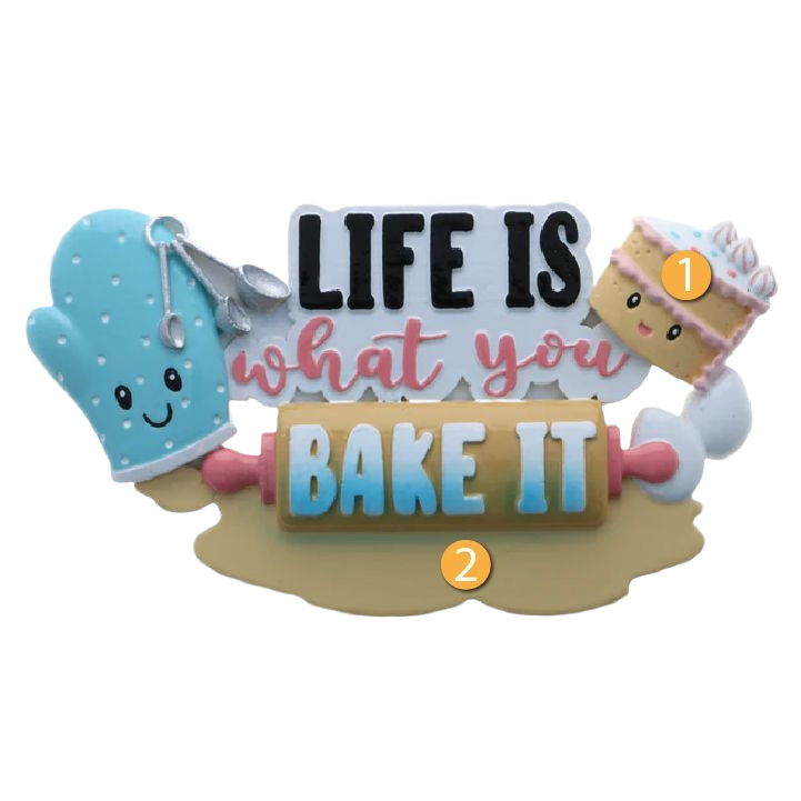 Playful baking-themed Christmas ornament with oven mitt, rolling pin, and cake for tree decorations under $50 collection