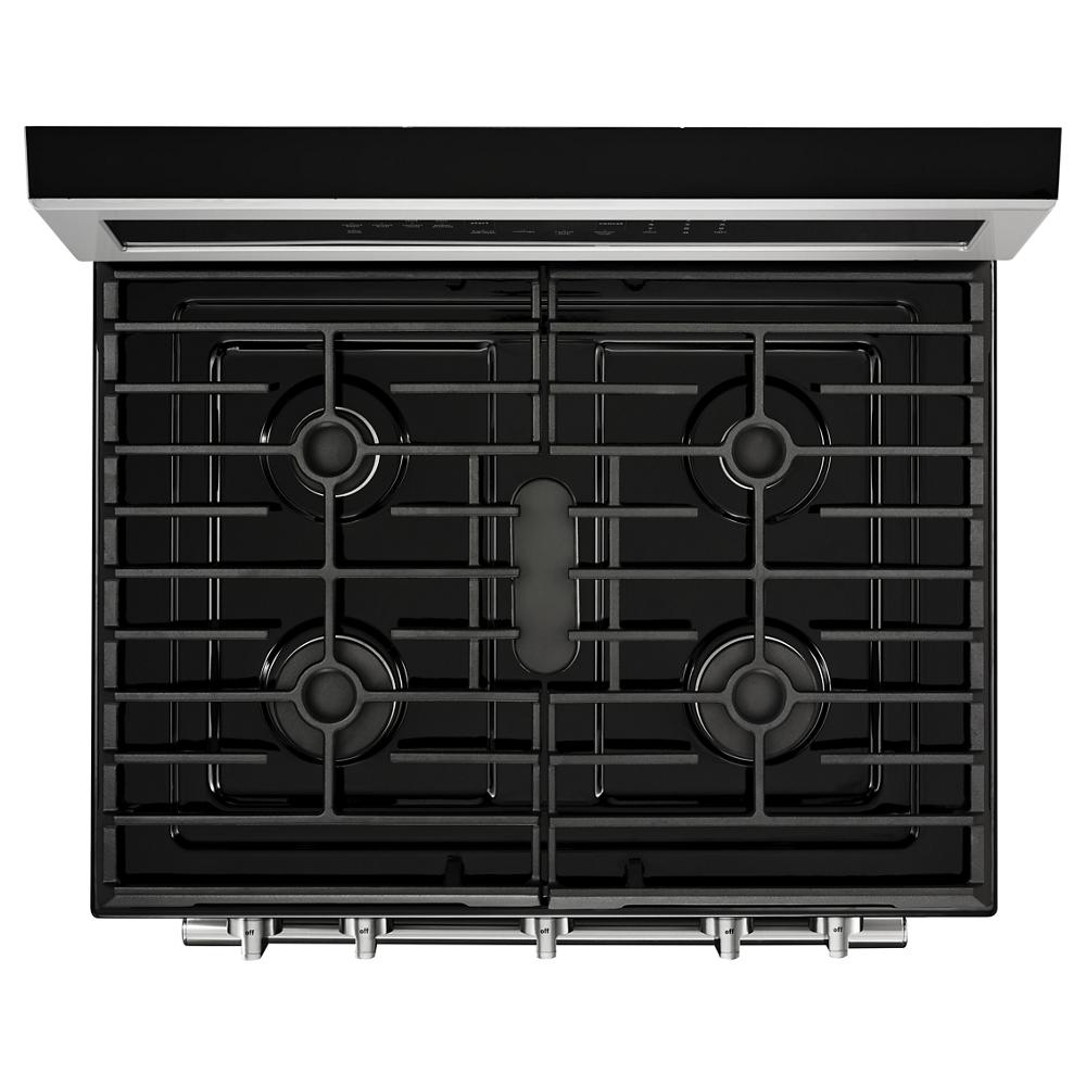 Top view of a black gas cooktop with four burners and stainless steel control knobs, part of Ranges, Gas Ranges, Kitchen & Kitchenware, Appliances, and Ranges & Cooktops collections.