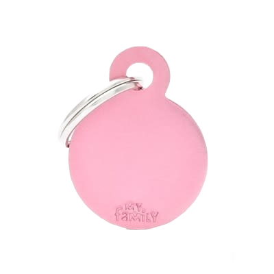 Small round pink identification tag with metal ring for pet collars and personalized identification purposes